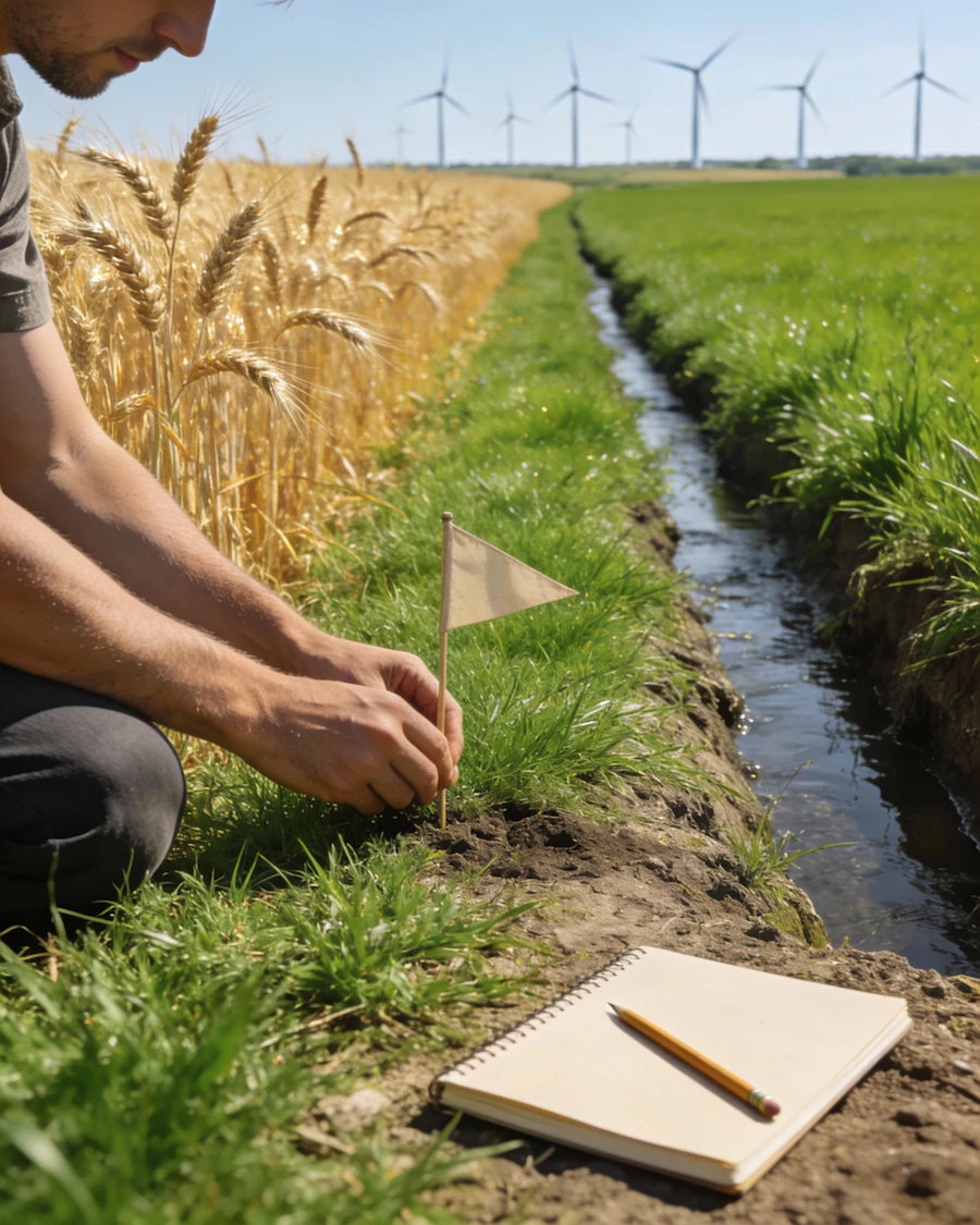 A hand plants a small marker flag in grass beside a drainage ditch, notebook nearby