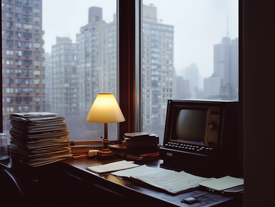An old CRT monitor and stacks of paper on a cluttered desk