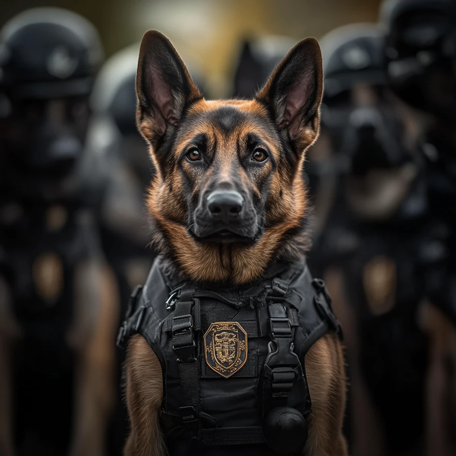 A police K-9 in tactical harness stands alert during an outdoor demonstration