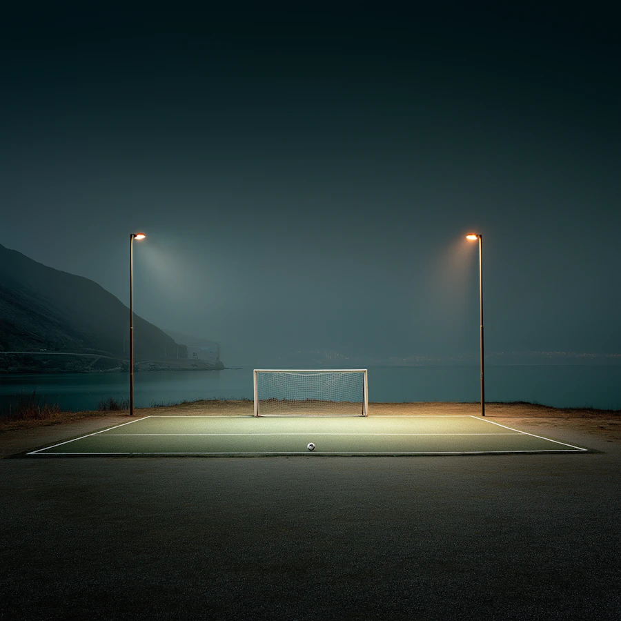 An empty football field lit up at night before a game