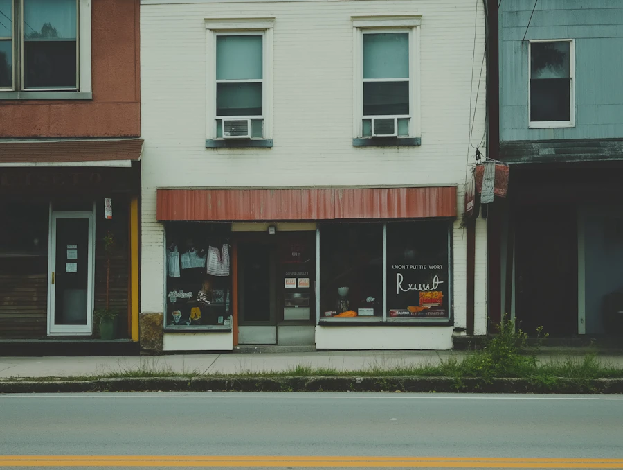 A quiet commercial block with a red-awninged storefront on a village main street