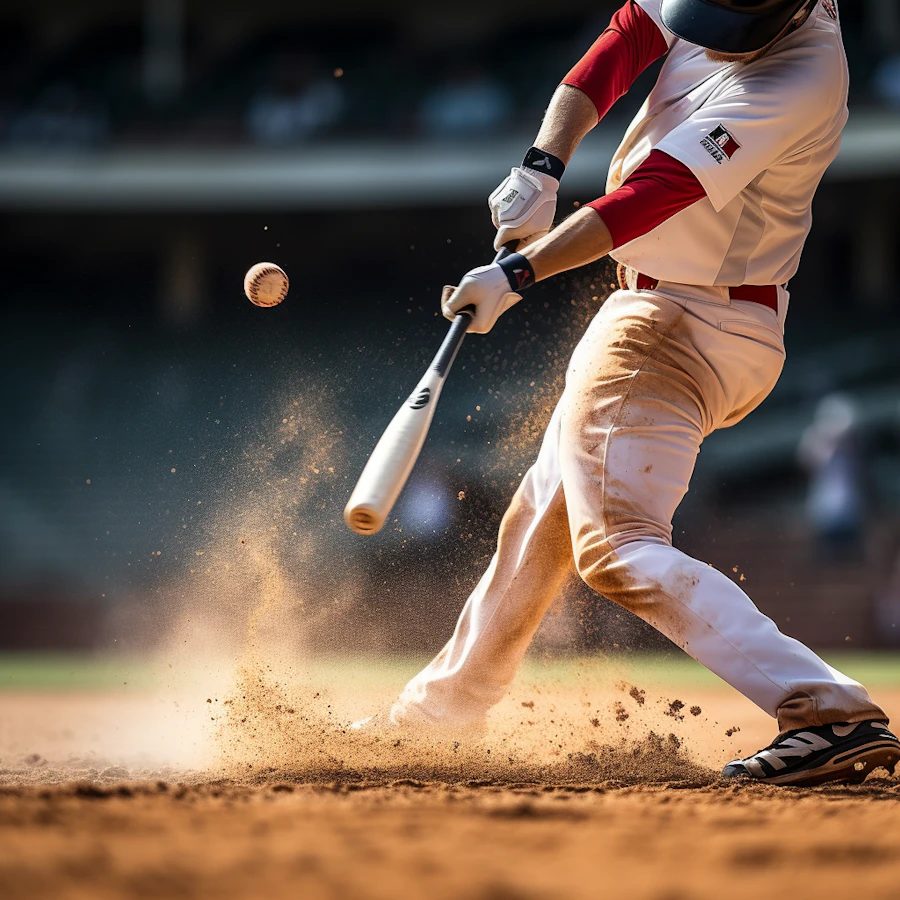 An adult recreational baseball player mid-swing at a summer league game