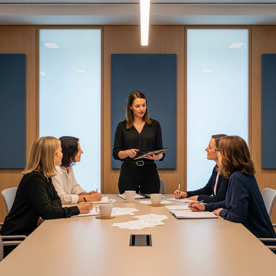 Business professionals seated around a conference table during a presentation