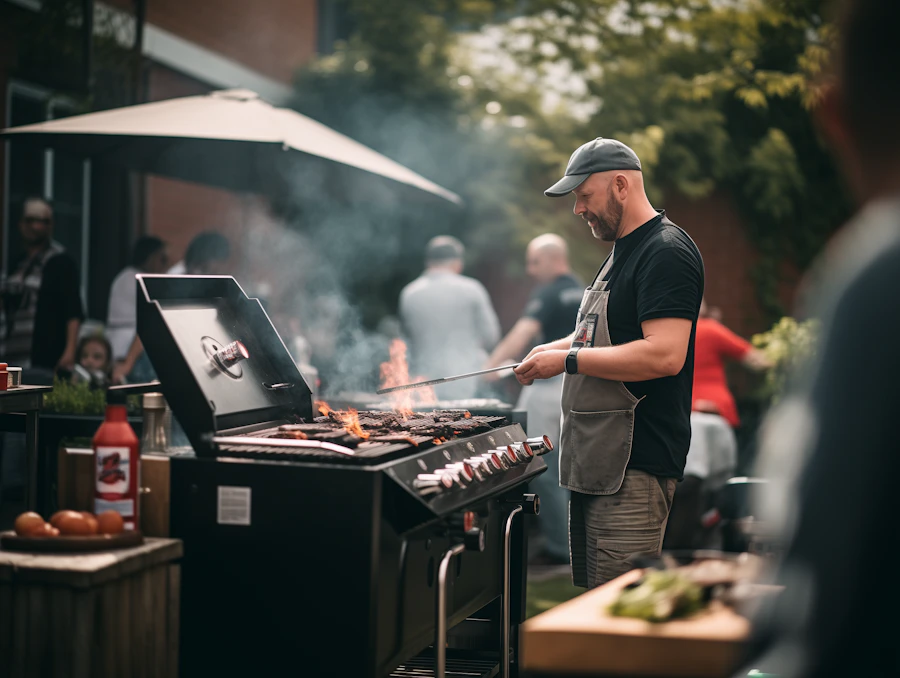 A man in an apron grilling at a crowded outdoor gathering