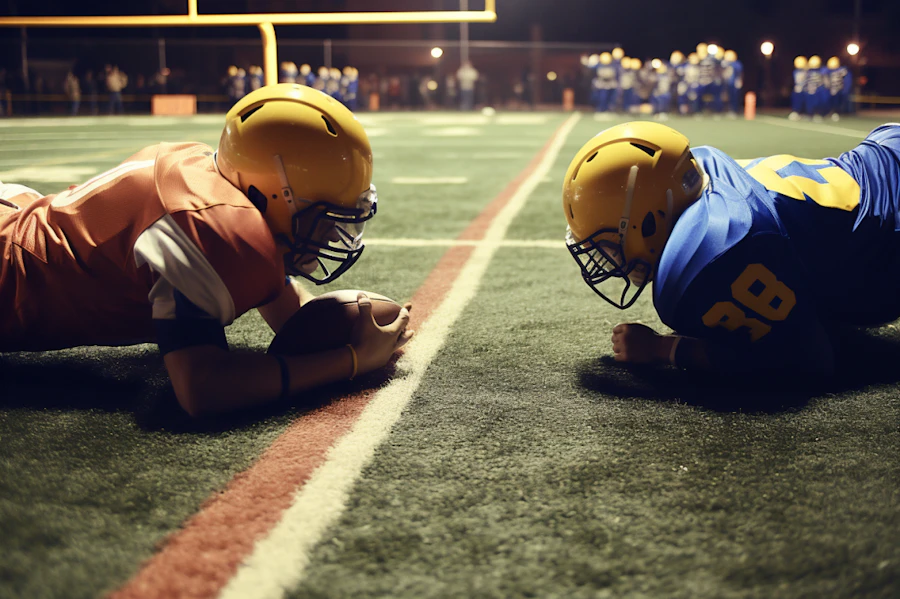 Two football players lined up helmet to helmet on a lit night field
