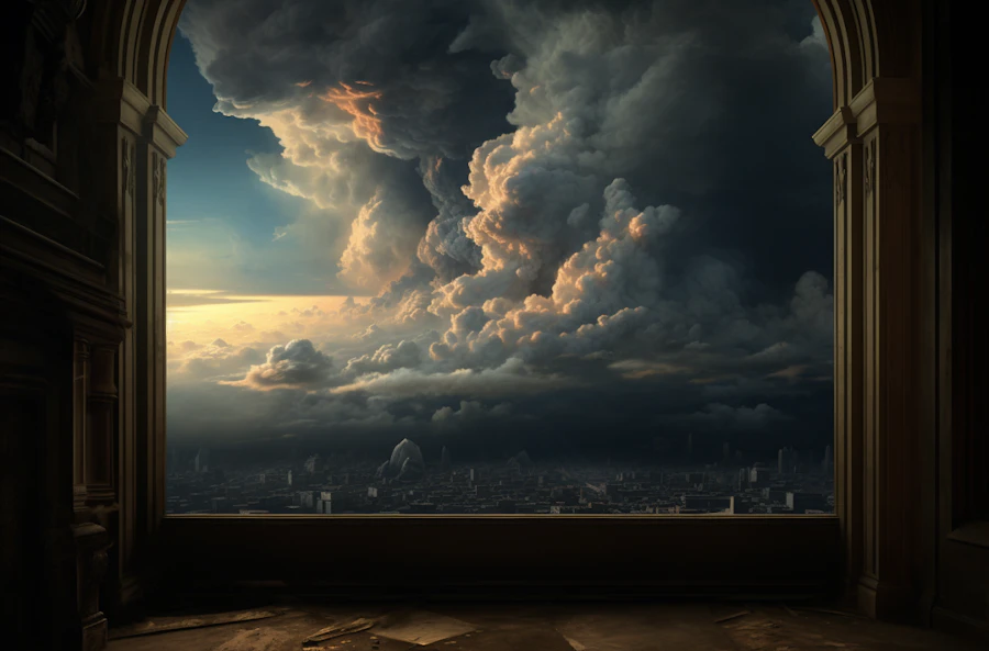 Dark storm clouds over a city skyline