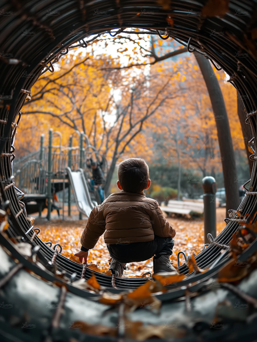 An empty playground slide and climbing structure in autumn