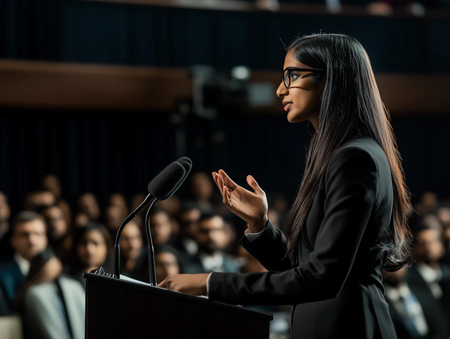A city official gestures while speaking at a podium during a statement to the press