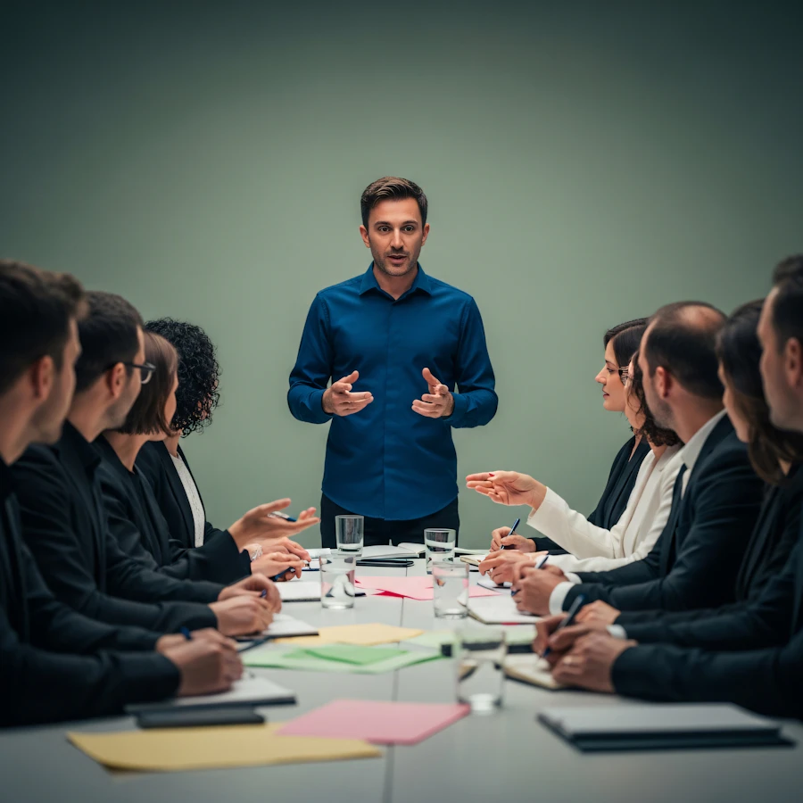 A man addresses a seated group of officials at a conference table