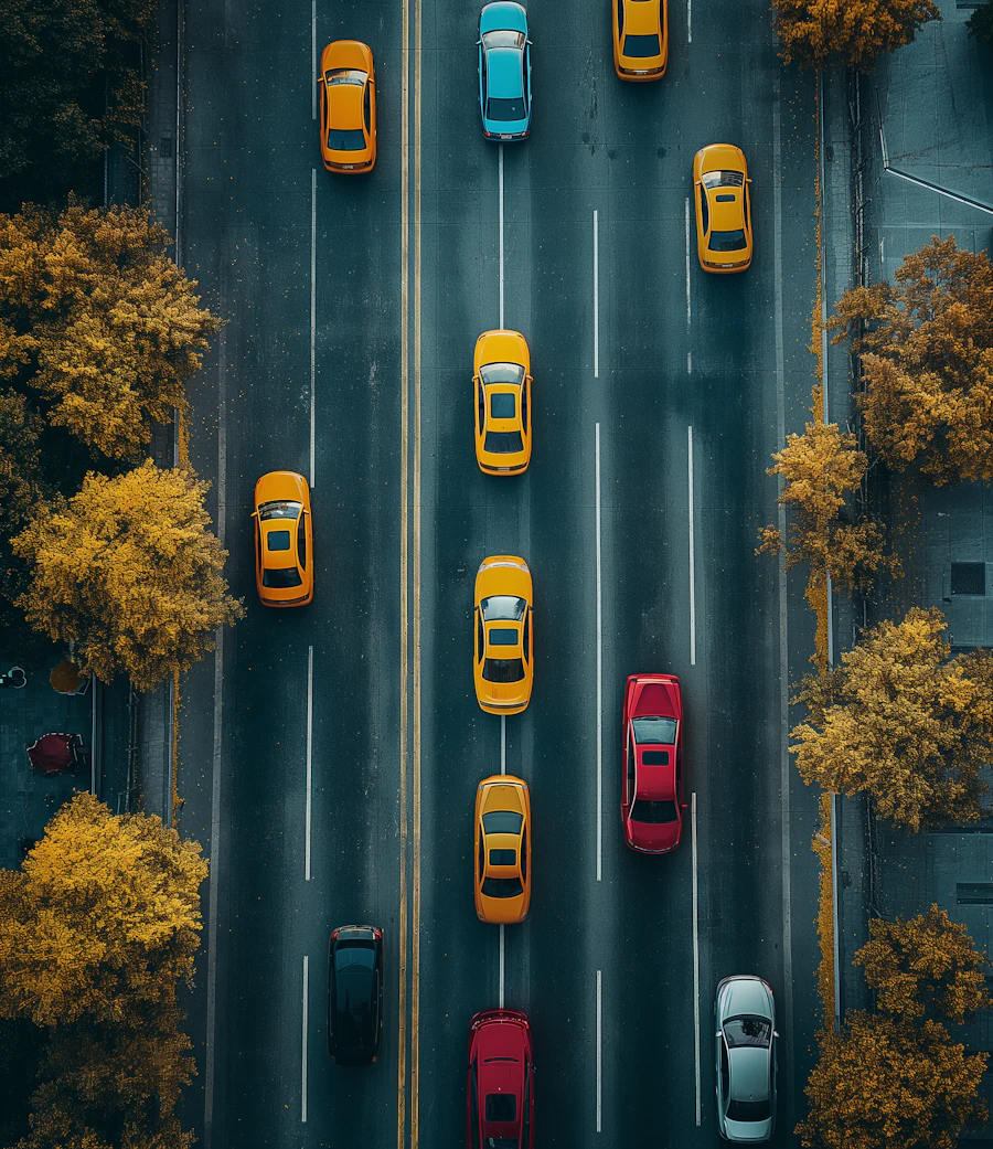 Aerial view of a road traffic circle with cars circulating