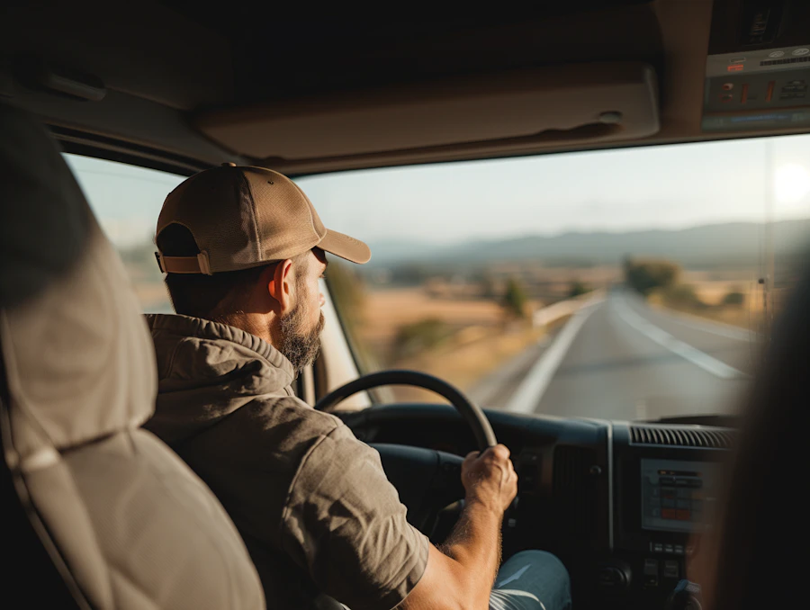 A man in a ball cap driving, seen from the passenger seat