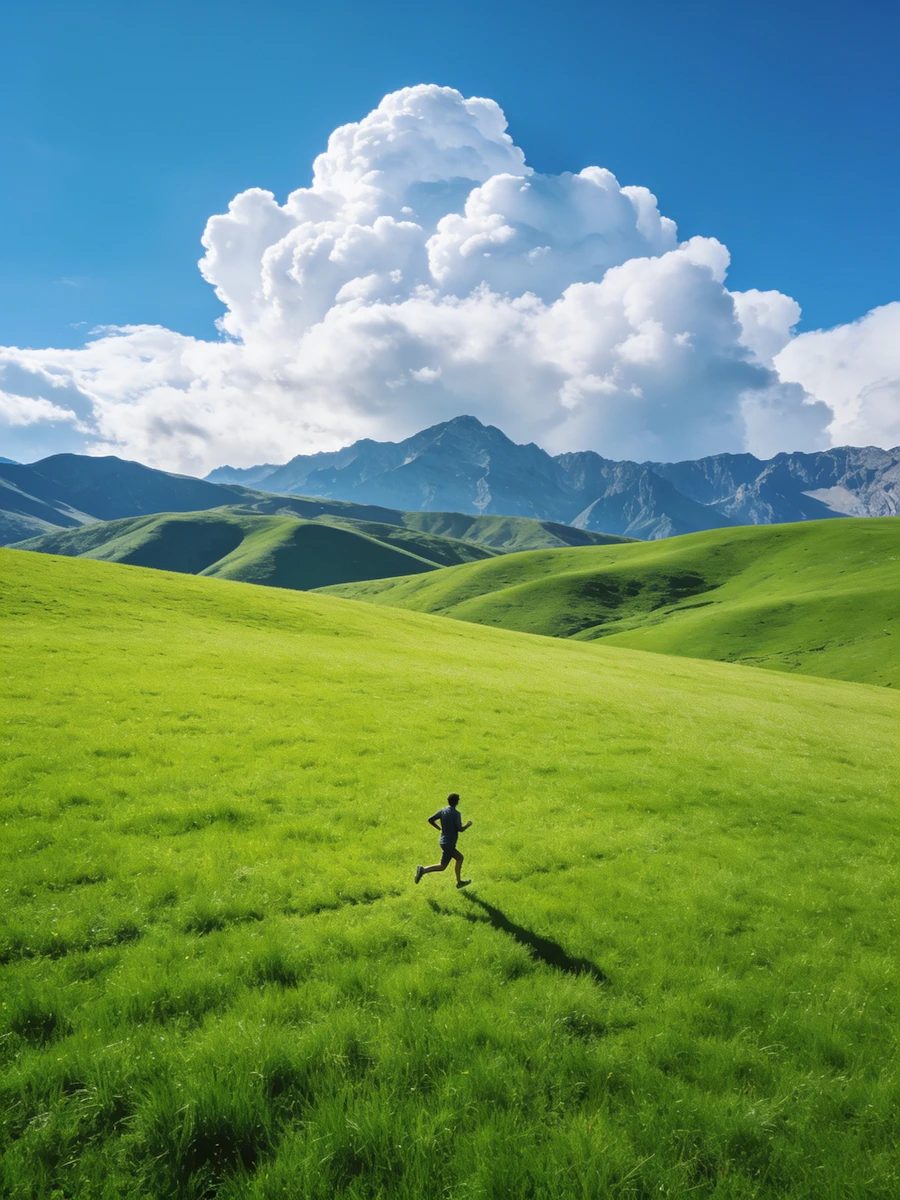 A lone runner jogging along a grassy park path in the early morning