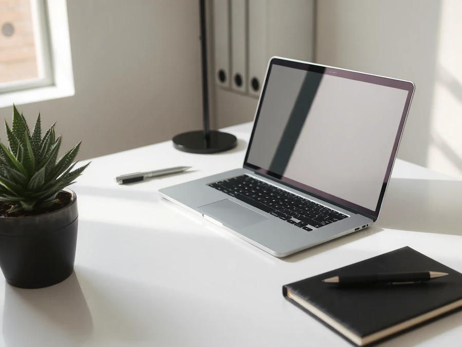 A laptop, notebook, and pen arranged on a home desk
