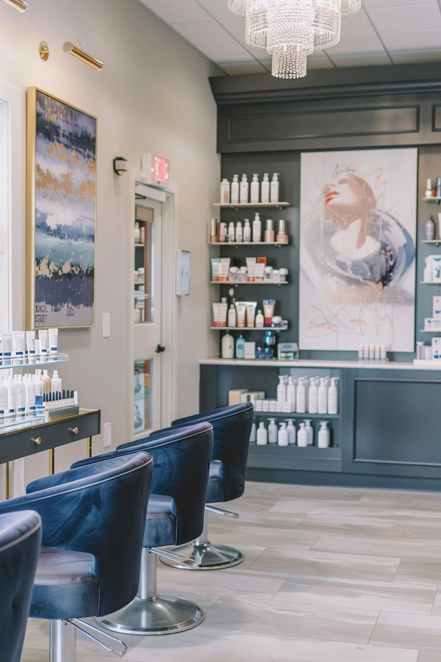 Interior of a nail and beauty salon with styling chairs and product shelves