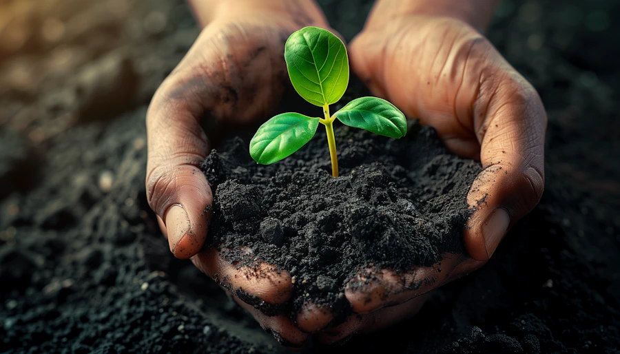 Hands cradling a small tree seedling with bare roots, ready for planting