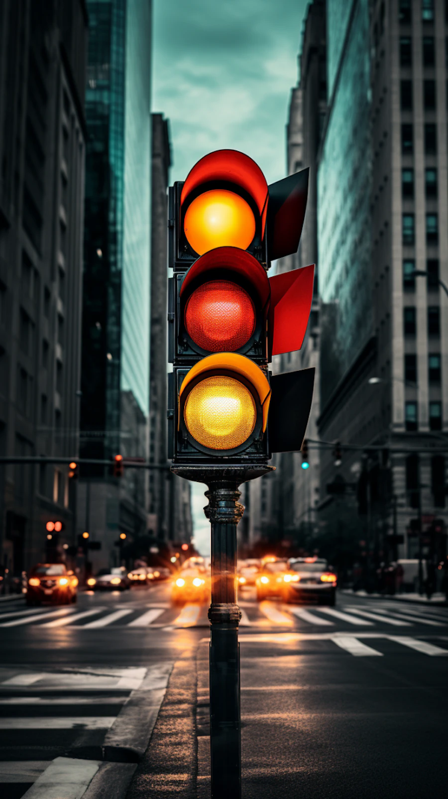 An illuminated traffic signal mounted over a city intersection at dusk