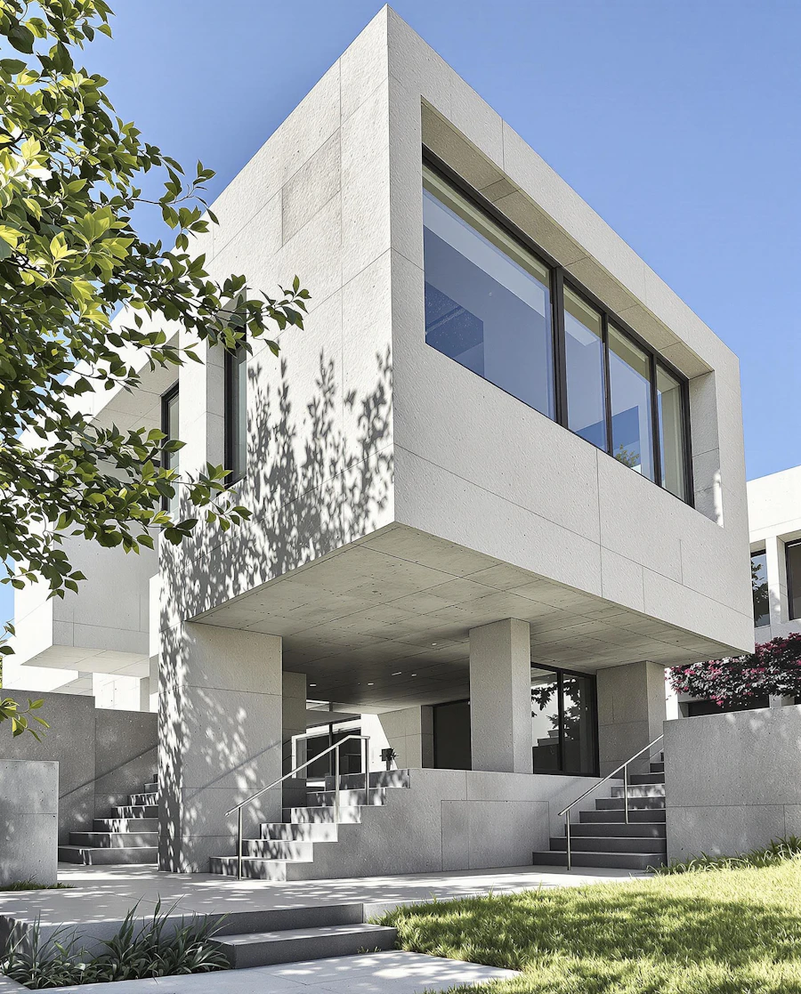 Exterior of a low modern institutional building with large windows