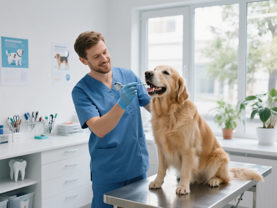 A veterinarian examining a recently adopted dog