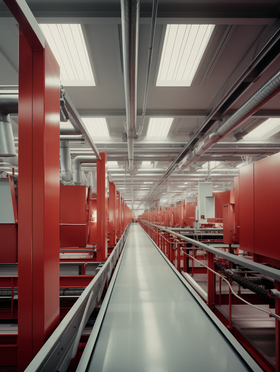 An expansive factory floor with industrial machinery, viewed from a walkway
