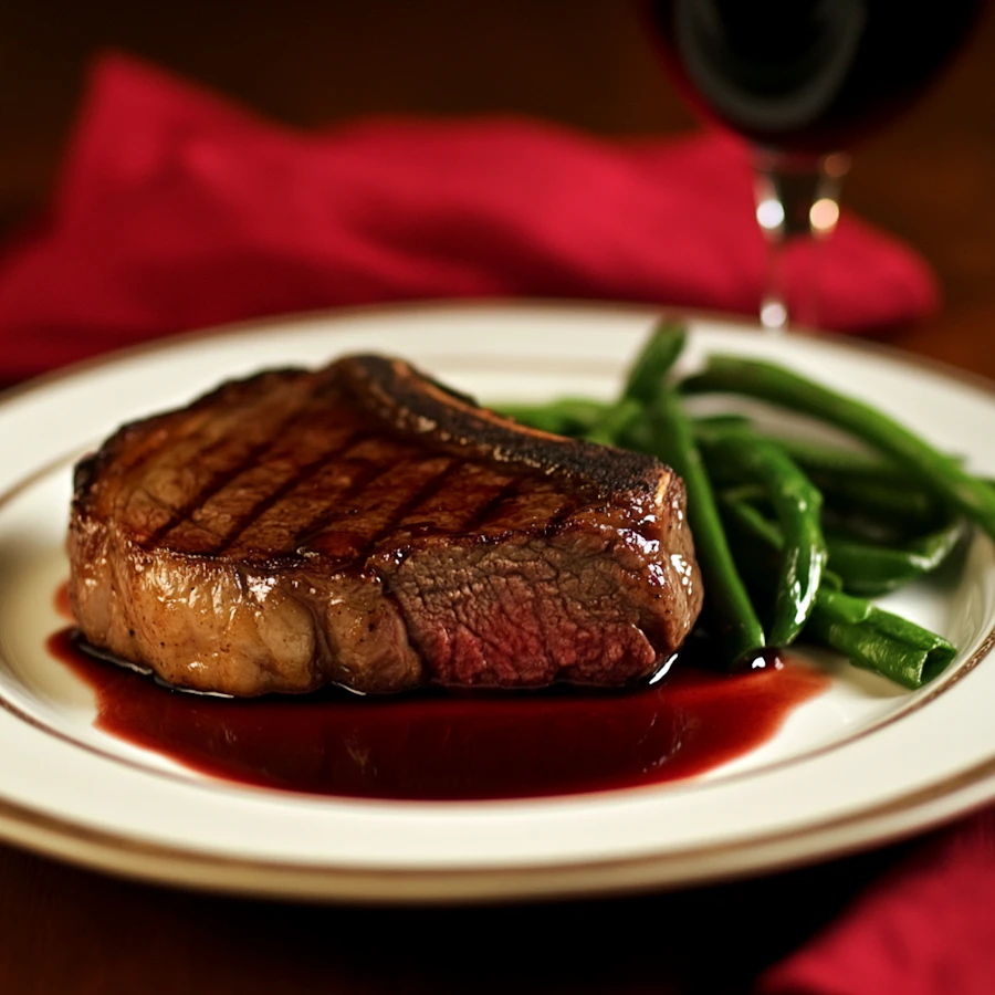 A plated steak dinner at a fine-dining restaurant table